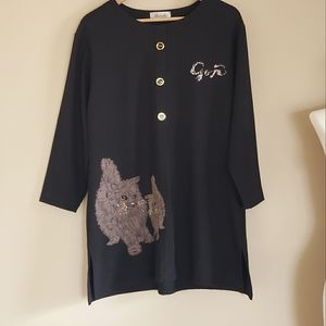 KITTY CAT DRESS w Rhinestone EYES  Long Tunic Stretchy Loose A-LINE L XL